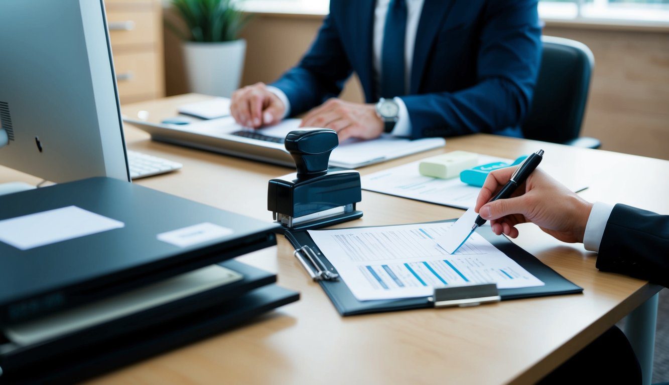 Un ufficio con una scrivania, un computer e un armadietto per documenti. Una persona sta compilando dei documenti con un timbro dell'azienda nelle vicinanze.