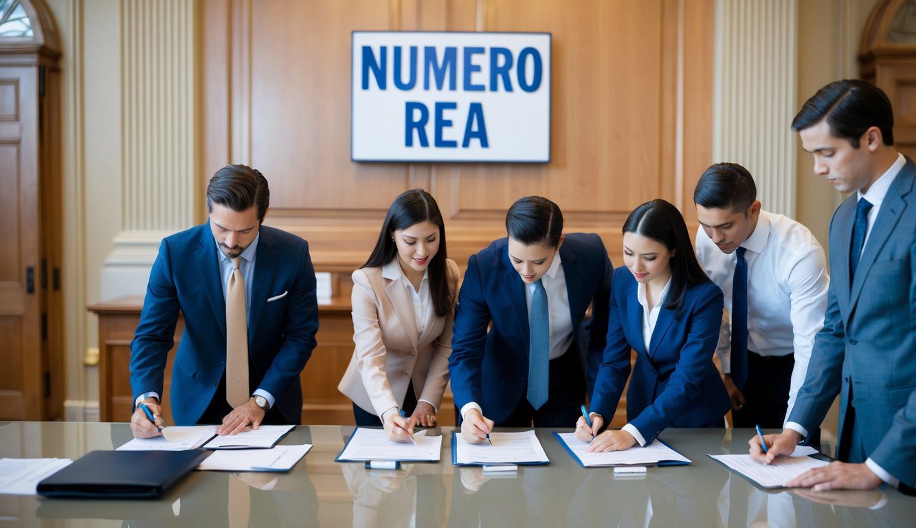 Un gruppo di professionisti del settore che compilano documenti in un ufficio governativo, con un'insegna che mostra "Numero REA" ben in vista.