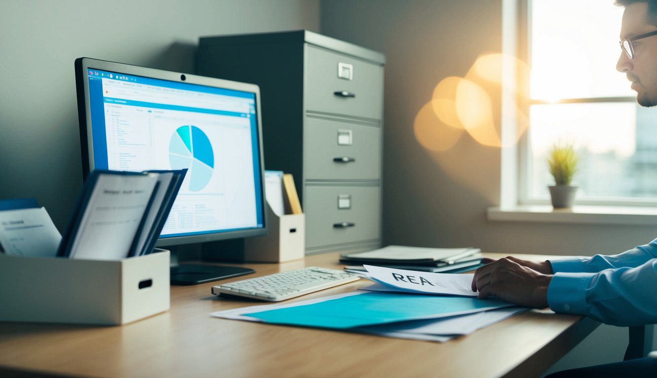 Una scrivania con un computer, documenti e un armadietto per i file. Una persona sta cercando tra i file il numero REA.
