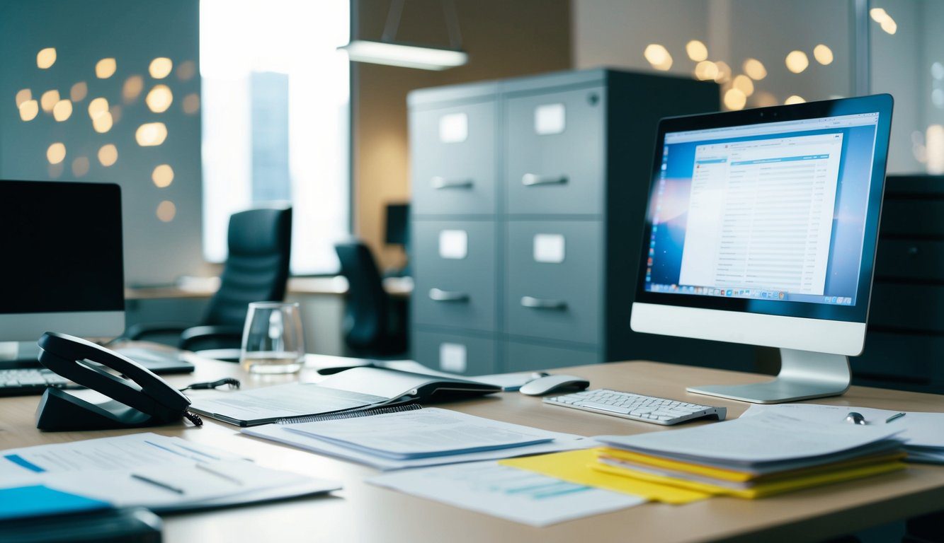 Una scrivania d'ufficio occupata con un computer, documenti e un telefono. Un armadio per i file sullo sfondo.