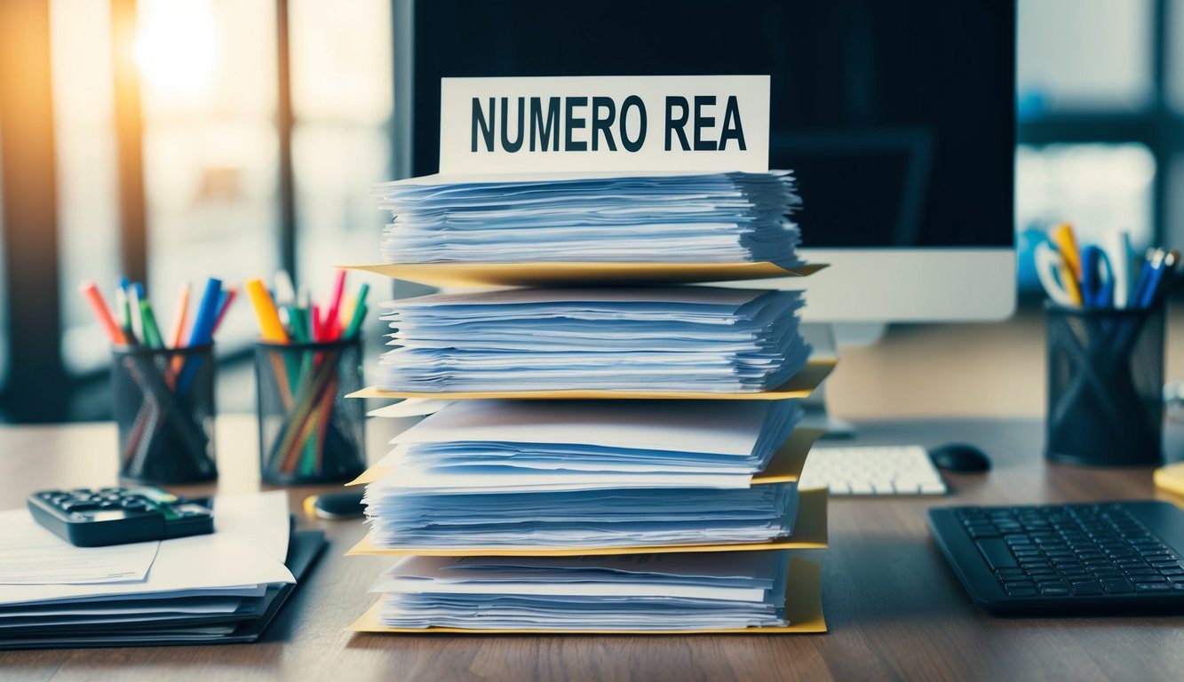 Una pila di documenti ufficiali con un evidente "Numero REA" in evidenza sopra, circondata da vari articoli di cancelleria e un computer
