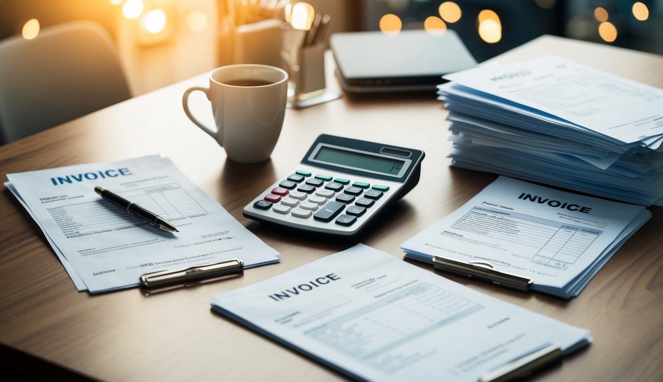Tipologie di Partita IVA: Quali Sono e Come Scegliere la Giusta per Te (2026) 2 Una scrivania con tre diversi tipi di fatture, una calcolatrice e una pila di documenti finanziari
