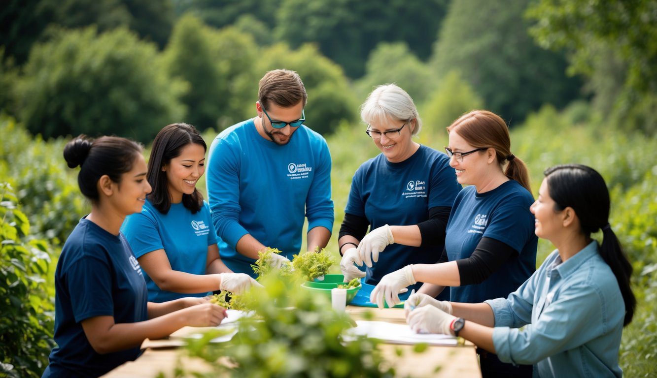 Un gruppo di volontari che lavorano insieme in varie attività, come la conservazione ambientale, il supporto alla comunità e i programmi educativi.