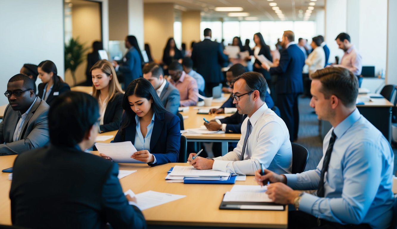 Un ufficio affollato con persone in attesa in fila, che compilano documenti e parlano con i dipendenti dietro le scrivanie.