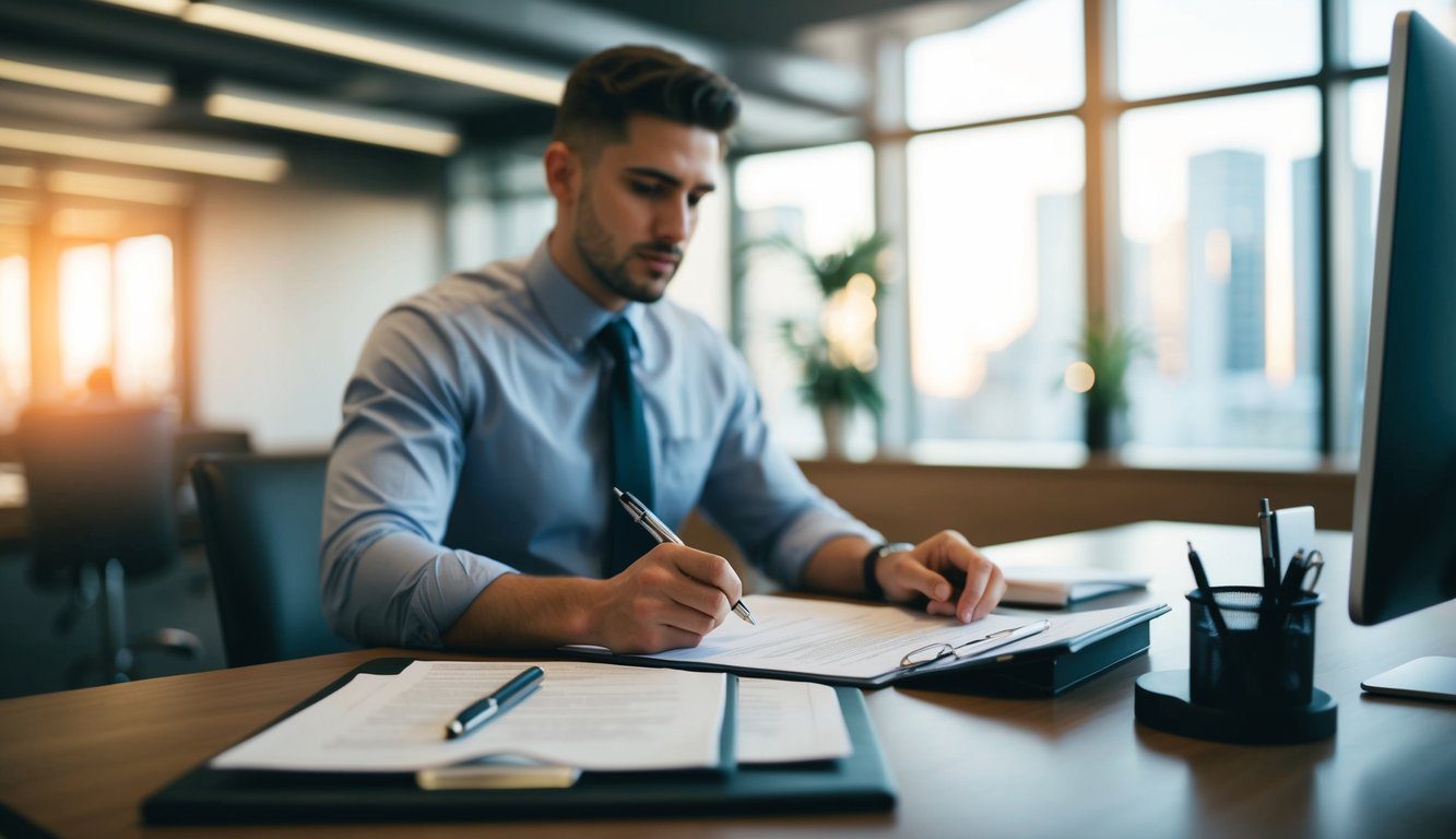 Una persona che compila documenti a una scrivania con un computer e una penna