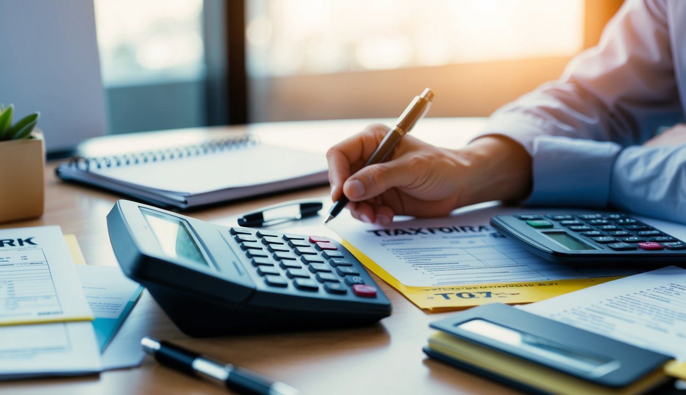 Una scrivania ingombra di moduli fiscali, una calcolatrice e un calendario, con una mano di una persona che si allunga per prendere una penna per compilare i documenti.