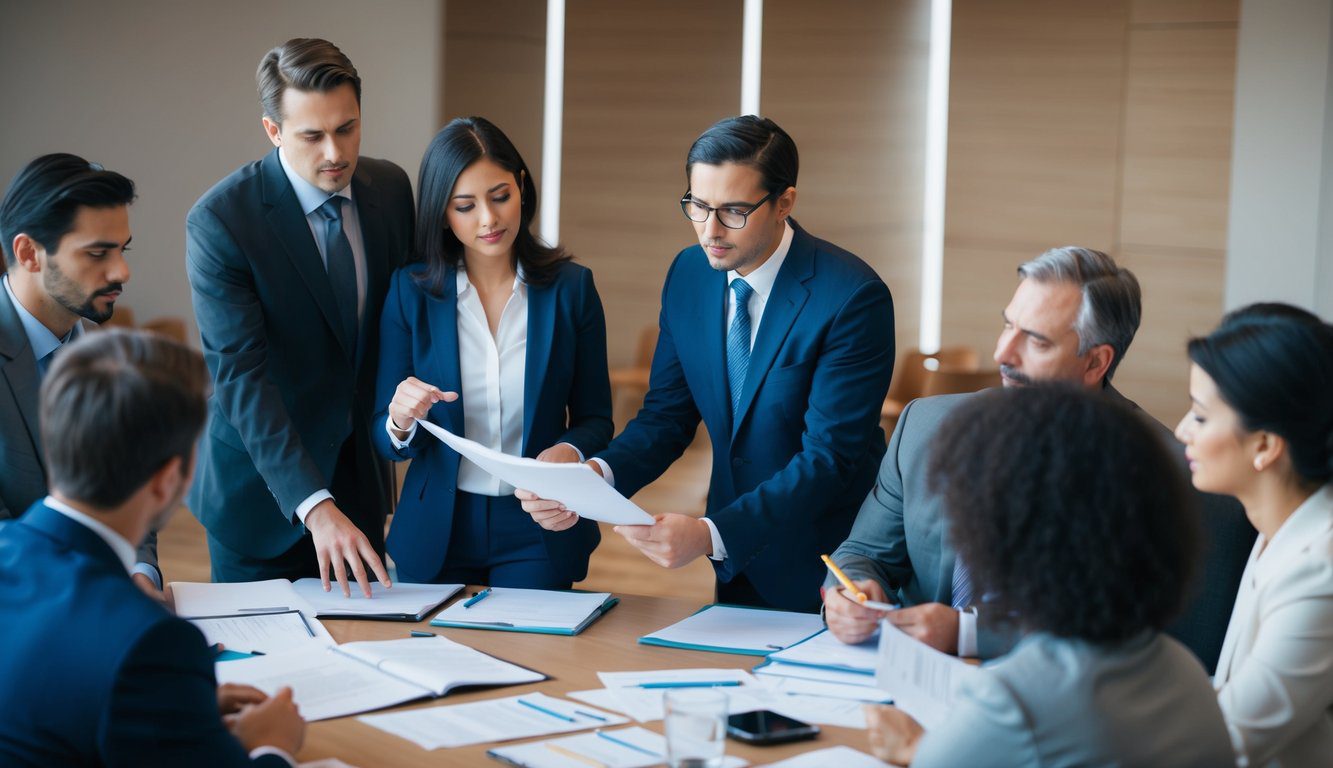 Un gruppo di persone in una sala riunioni discute ed esamina documenti relativi alla deducibilità dei contributi all'EX-ENPALS