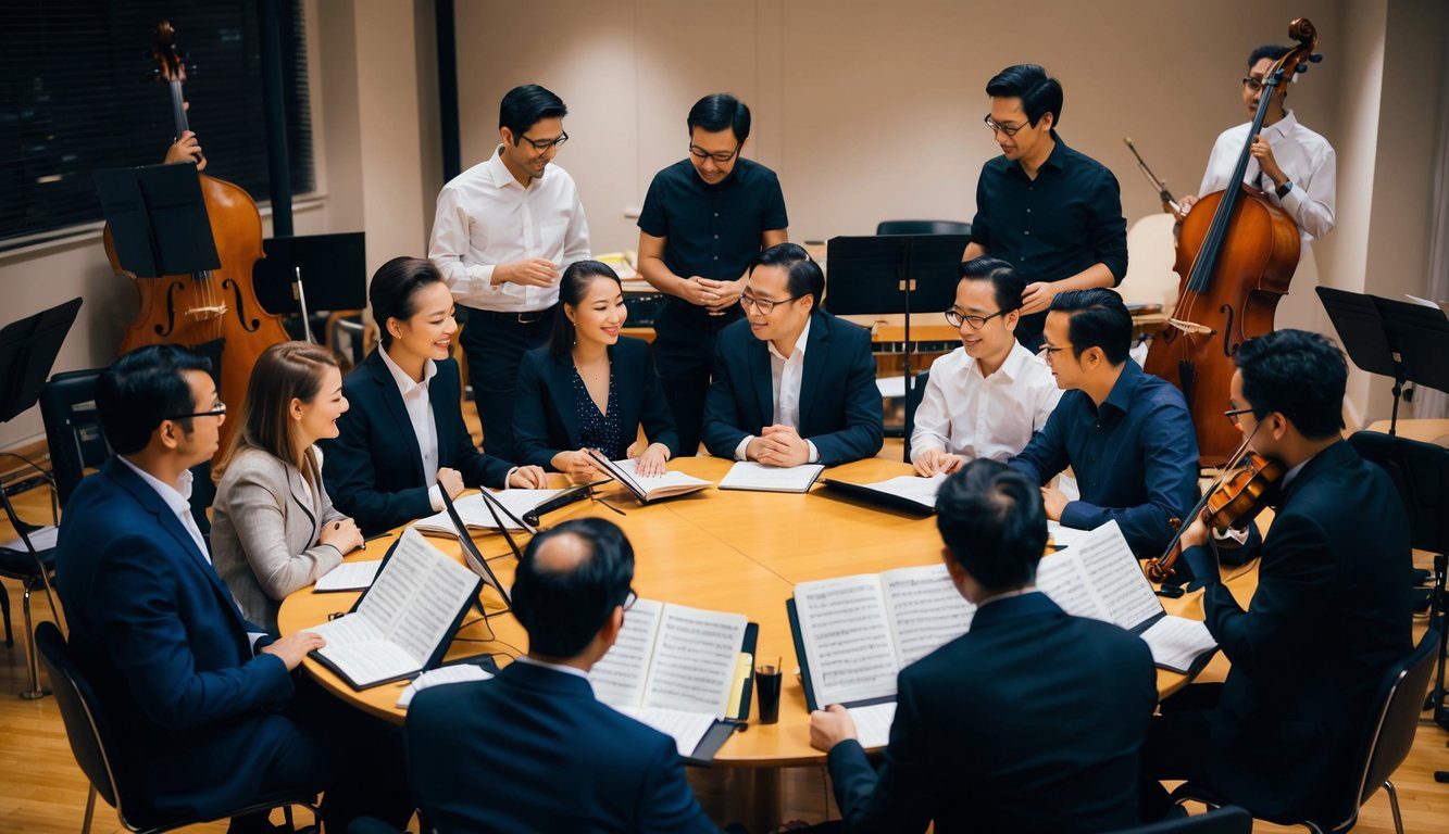 Un gruppo di musicisti si riunisce attorno a un tavolo, discutendo del programma EX-ENPALS. Strumenti e spartiti sono sparsi per la stanza.