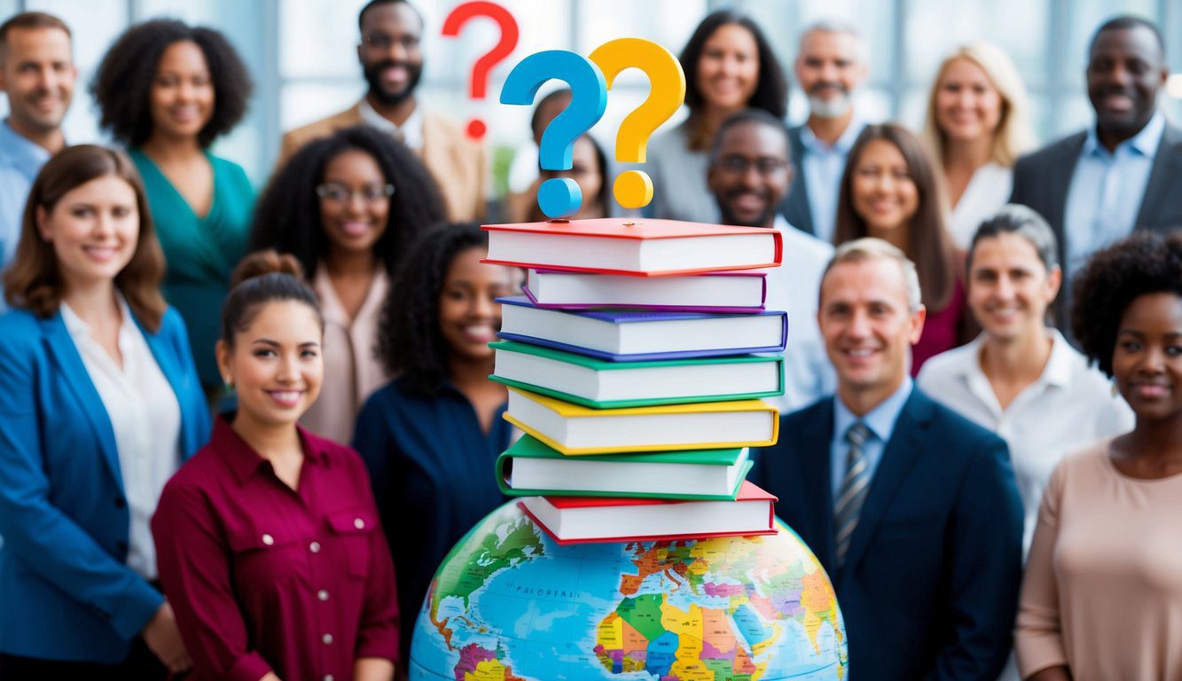 Una pila di punti interrogativi colorati che fluttuano sopra un globo circondato da persone diverse