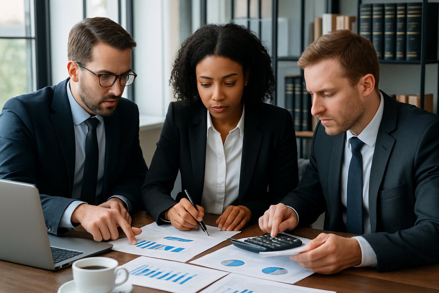 Società Semplice: Cos'è, Caratteristiche, Costituzione, Costi, Tassazione e Obblighi (2026) 7 Persone in ufficio che discutono documenti finanziari su un tavolo con laptop e calcolatrice.