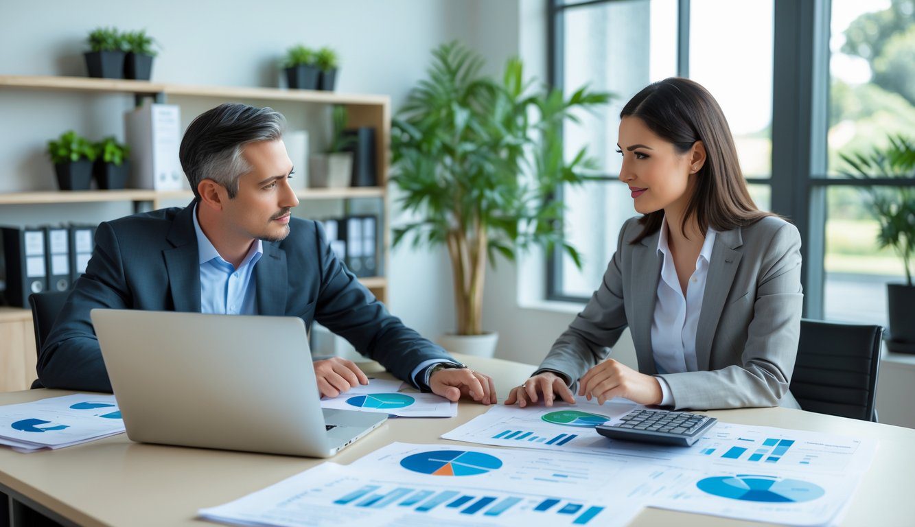 Due professionisti discutono documenti finanziari in un ufficio luminoso e ordinato.