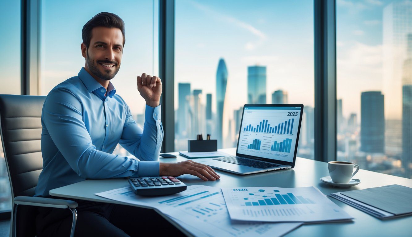 Persona d'affari seduta a una scrivania con laptop e documenti, in un ufficio moderno con vista sulla citt&agrave;.