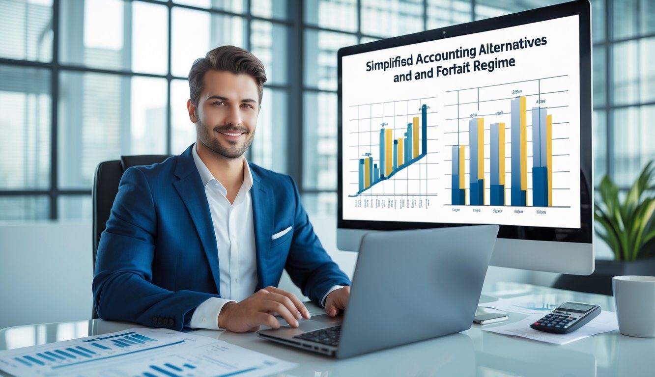 Persona d'affari seduta a una scrivania con laptop, documenti finanziari e calcolatrice, con grafici sullo schermo del computer in un ufficio moderno.