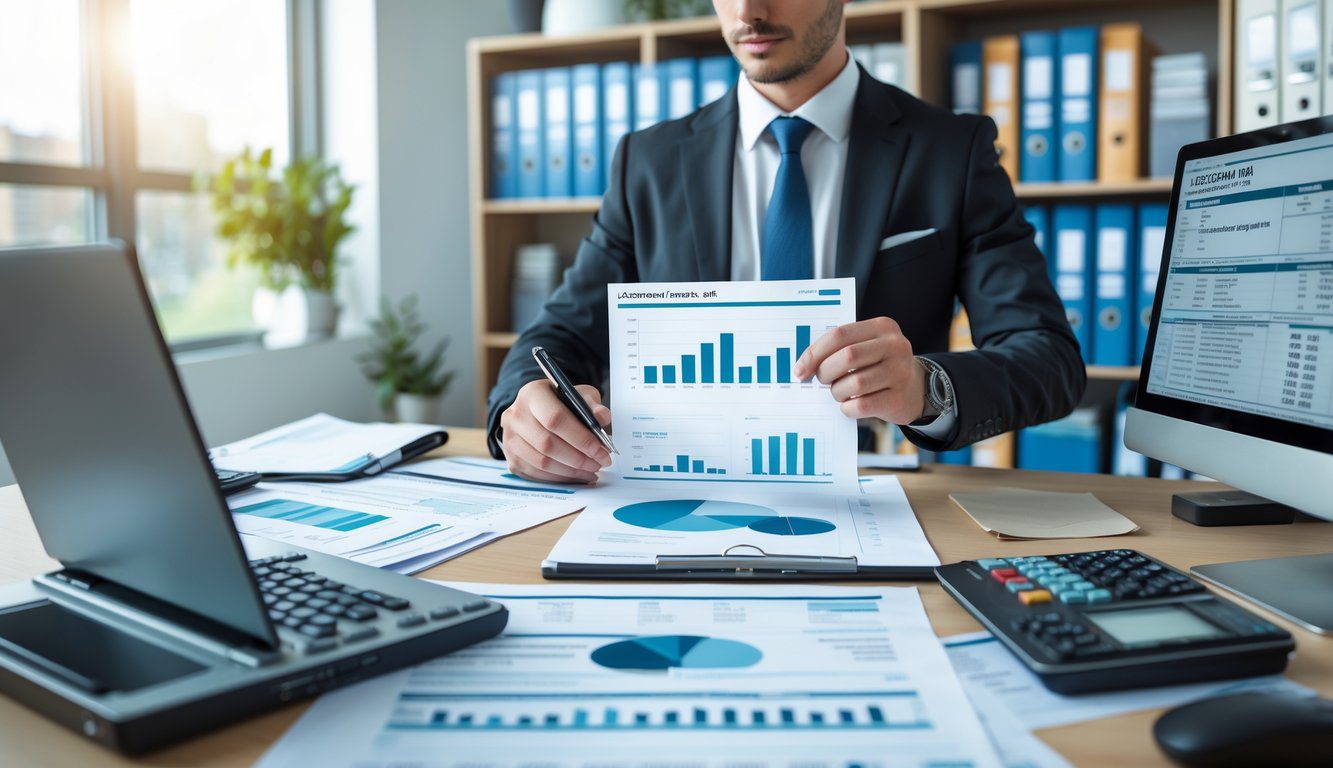 Una persona in ufficio che esamina documenti finanziari su una scrivania ordinata con laptop e calcolatrice.