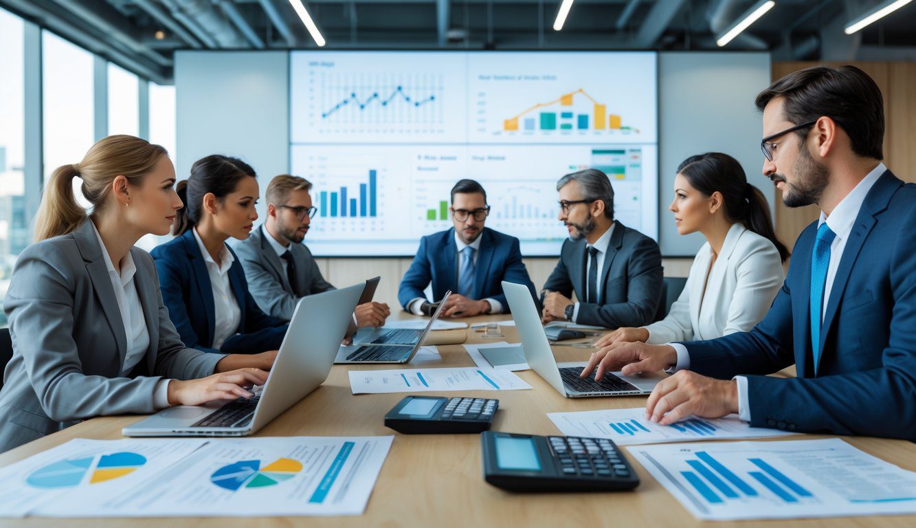 Un gruppo di professionisti in ufficio che discutono di documenti finanziari e grafici attorno a un tavolo da conferenza.