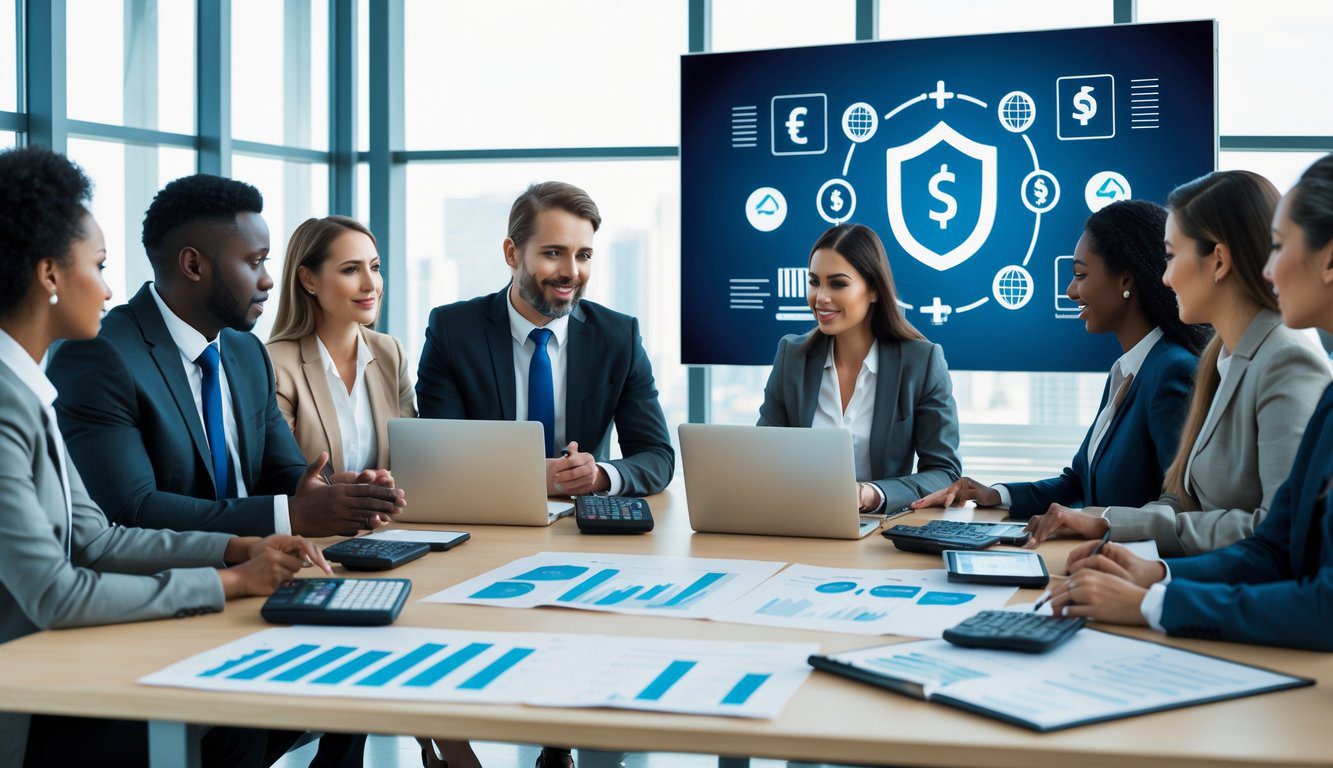 Persone in ufficio che discutono di contributi previdenziali e pianificazione finanziaria attorno a un tavolo con documenti e computer.