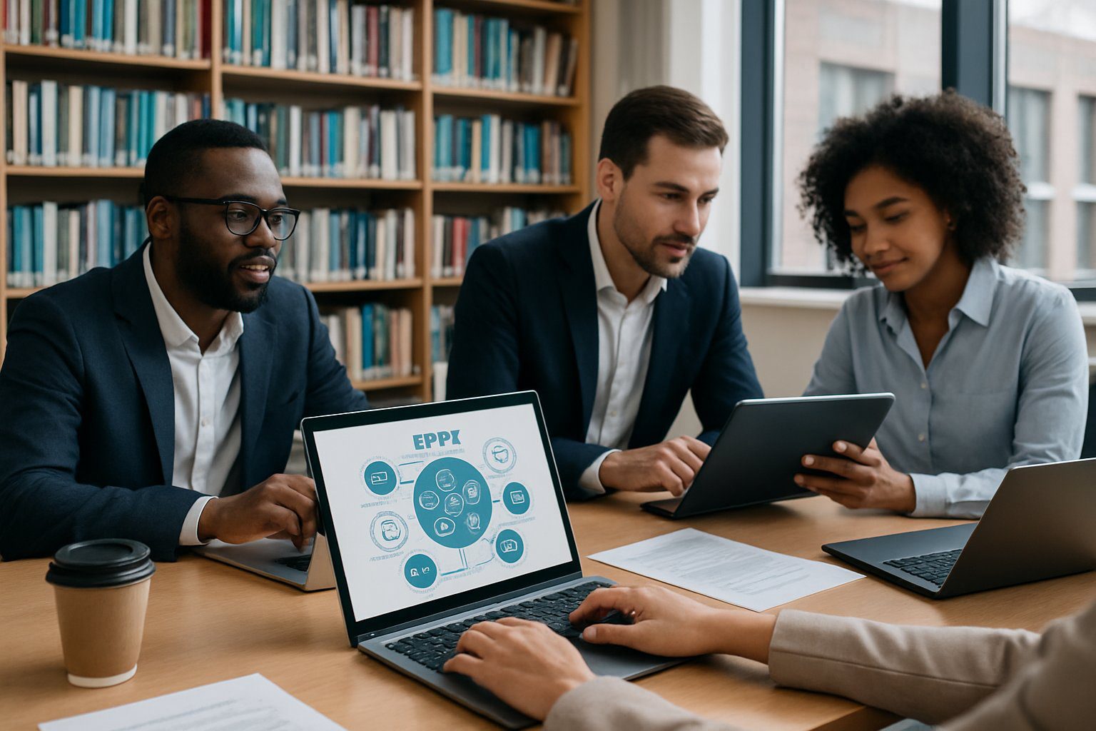 Un gruppo di professionisti che collaborano attorno a un tavolo in un ufficio moderno con laptop e documenti.