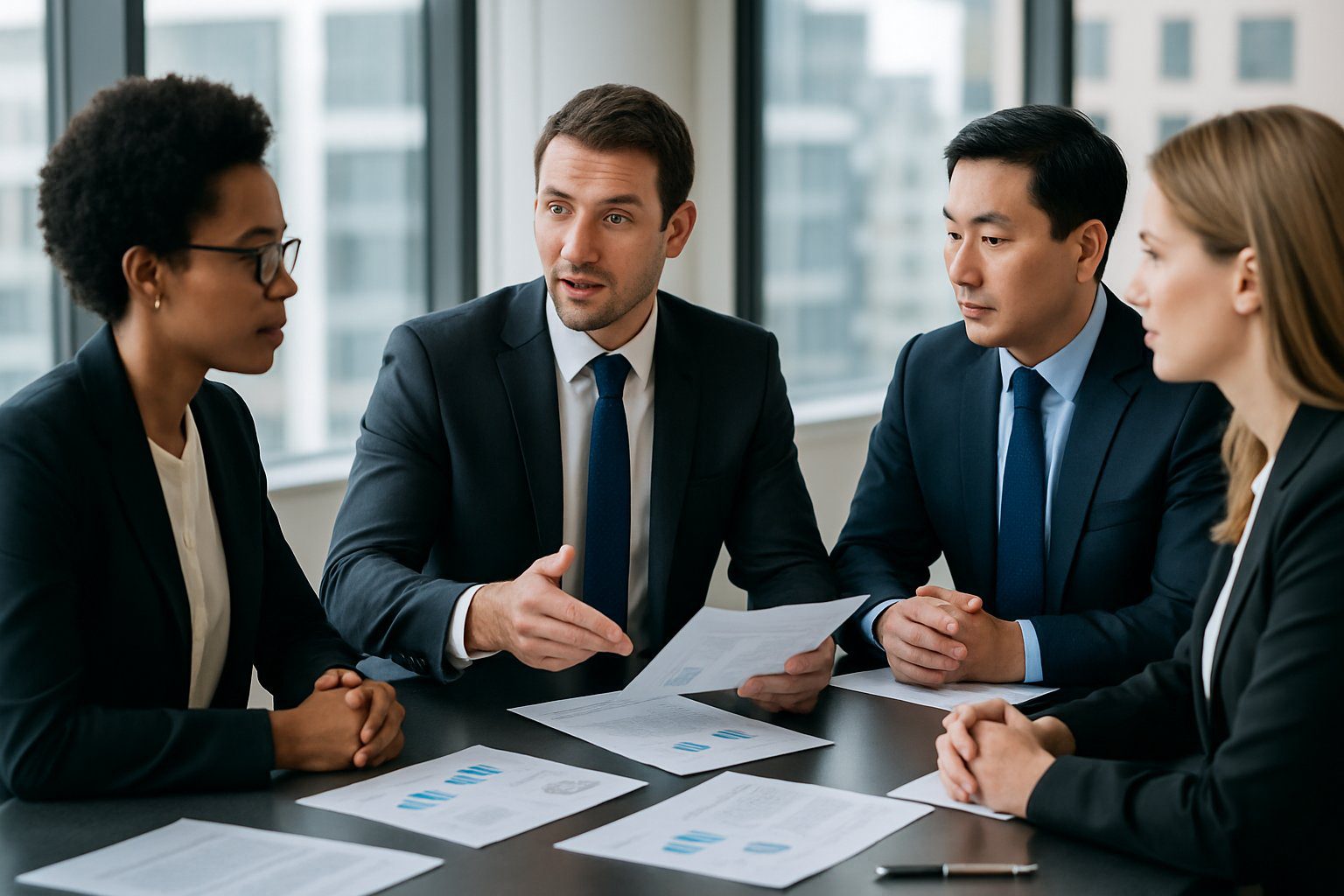 Un gruppo di professionisti in ufficio moderno che discutono documenti attorno a un tavolo da conferenza.