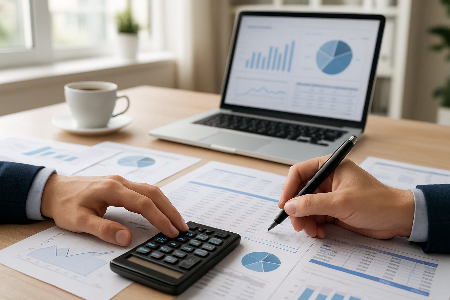 Una persona che calcola contributi fiscali su documenti con grafici e tabelle in un ufficio luminoso e ordinato.