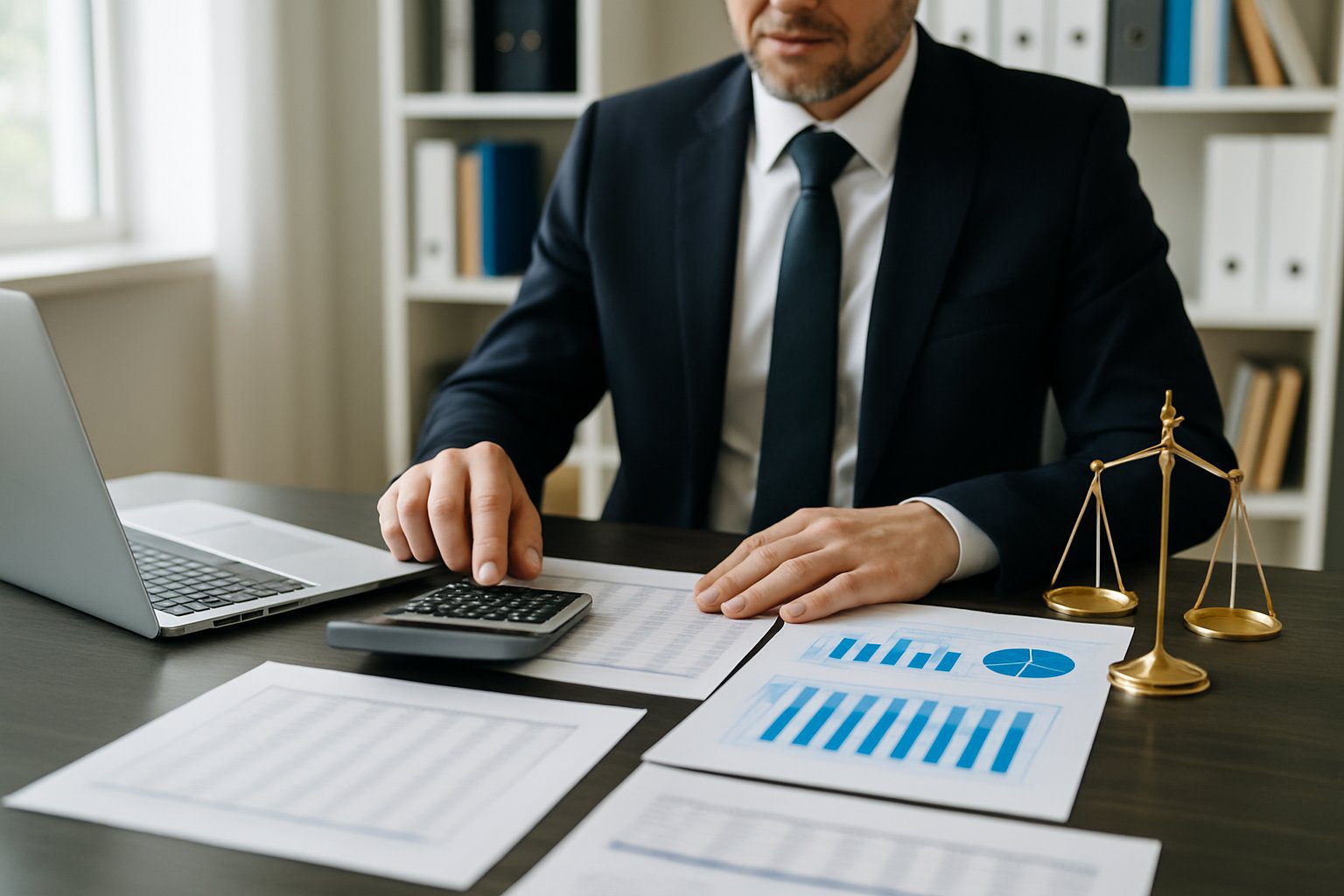 Consulente finanziario in ufficio moderno che analizza documenti e calcola contributi previdenziali su una scrivania ordinata.