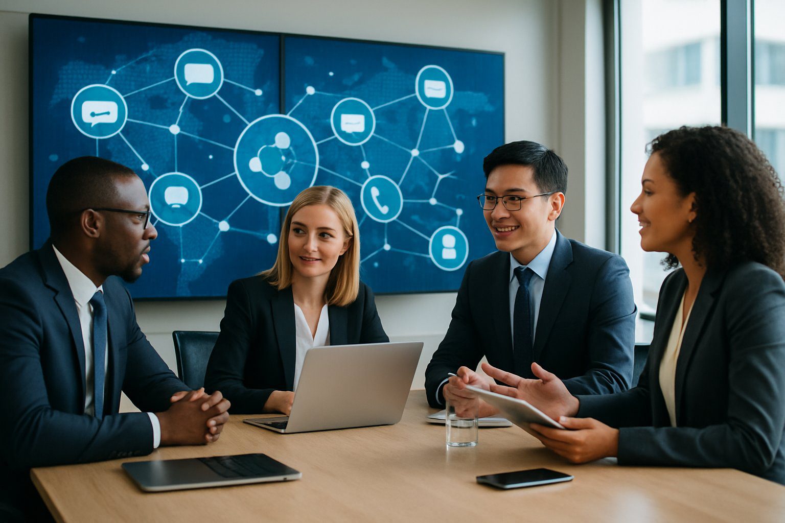 Persone in un ufficio moderno che discutono attorno a un tavolo con dispositivi digitali e schermi che mostrano grafici di comunicazione.