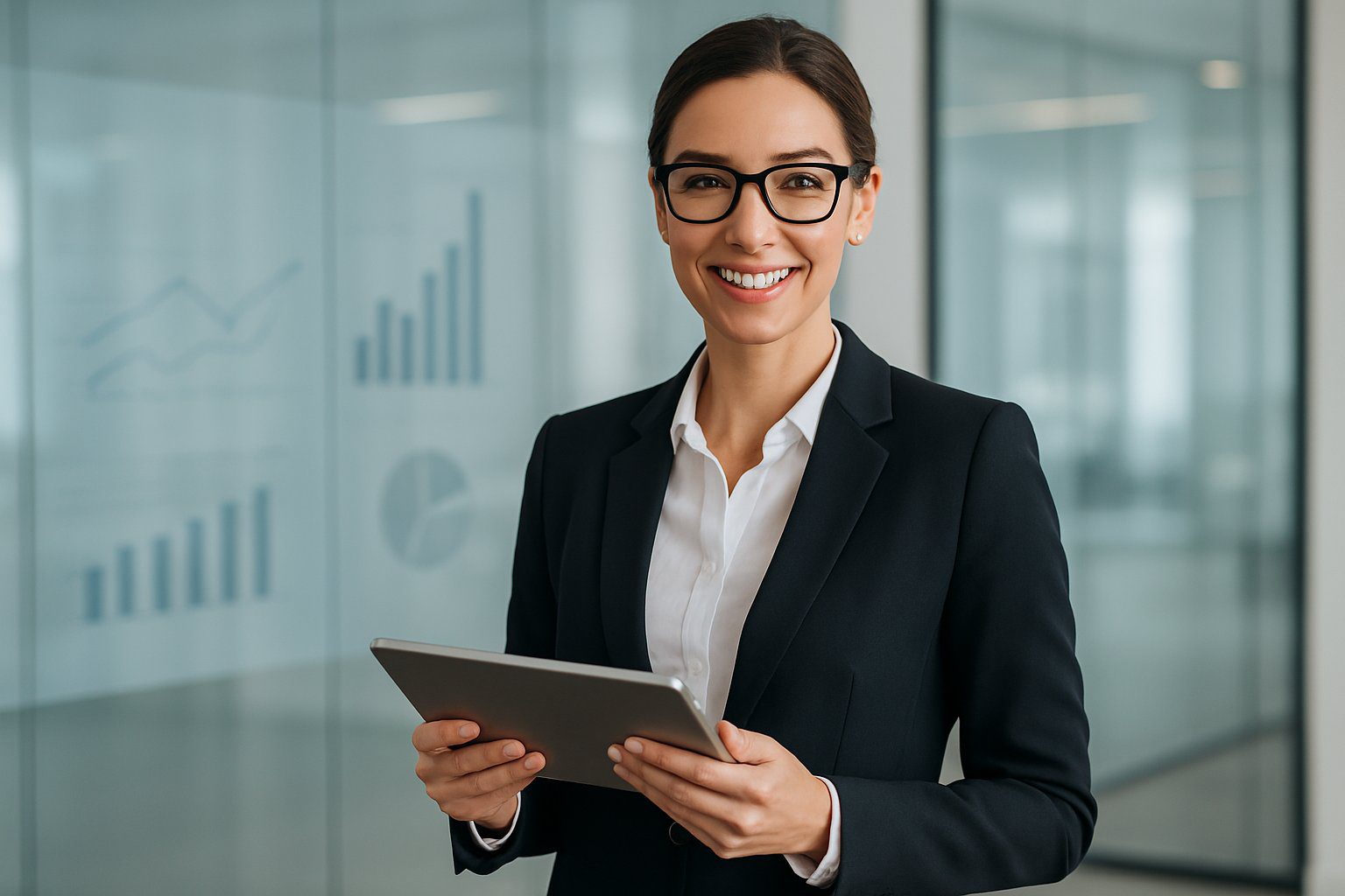 Donna d'affari sorridente con tablet in mano in un ufficio moderno con grafici sullo sfondo.