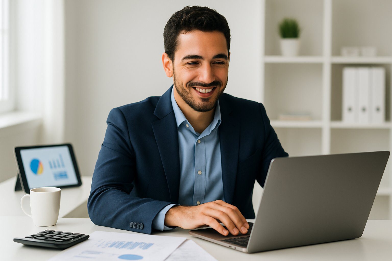 Un giovane imprenditore italiano che lavora al computer in un ufficio moderno e luminoso, con documenti e calcolatrice sulla scrivania.