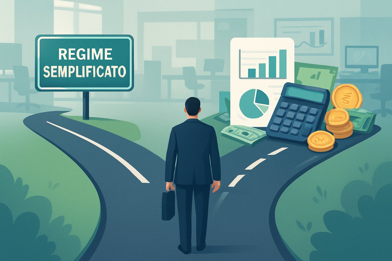 Alternative al Regime Semplificato: Quali Sono e Quale Regime Fiscale Scegliere? 1 Due strade divergenti che rappresentano diverse opzioni finanziarie, una semplice e l'altra complessa, con simboli di denaro e documenti in un ambiente d'ufficio moderno.