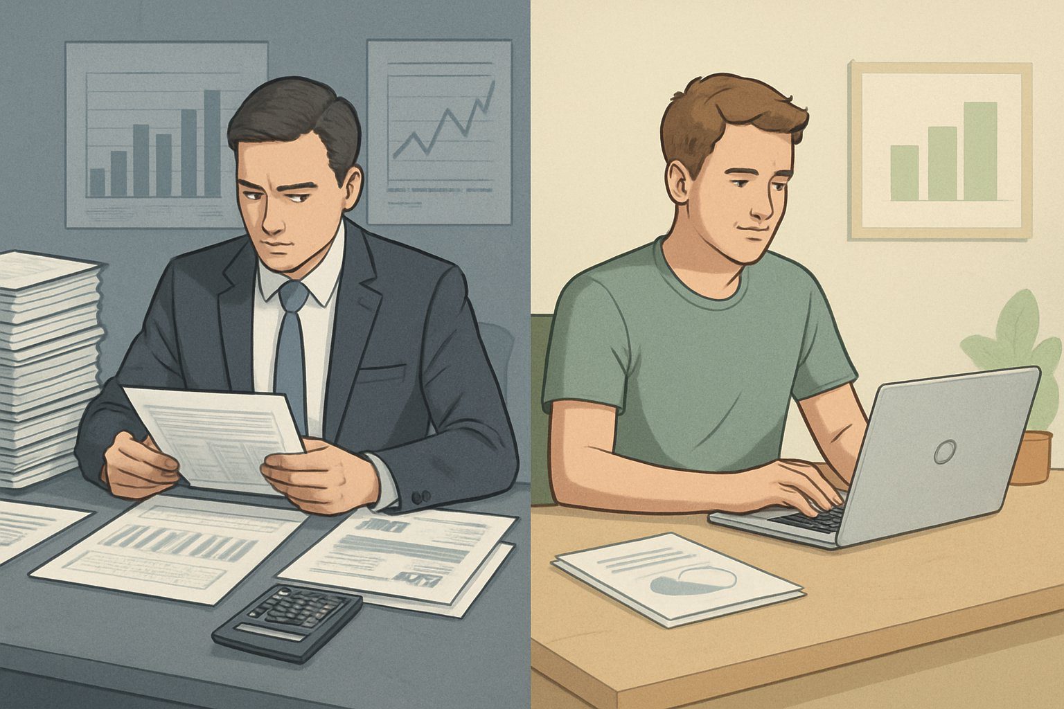 Alternative al Regime Semplificato: Quali Sono e Quale Regime Fiscale Scegliere? 4 Due persone in ambienti di lavoro differenti, una con molti documenti e strumenti complessi, l'altra con uno spazio di lavoro semplice e ordinato.