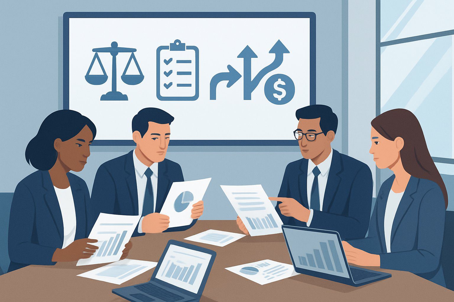 Alternative al Regime Semplificato: Quali Sono e Quale Regime Fiscale Scegliere? 5 Un gruppo di professionisti in un ufficio che esamina documenti e grafici su diverse alternative fiscali.