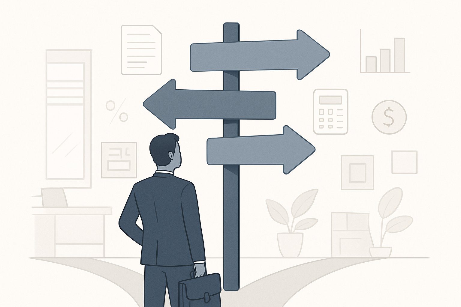 Alternative al Regime Semplificato: Quali Sono e Quale Regime Fiscale Scegliere? 7 Una persona d'affari in piedi a un bivio con diversi cartelli che indicano alternative, circondata da simboli finanziari come documenti, calcolatrici e grafici, in un ambiente d'ufficio moderno.