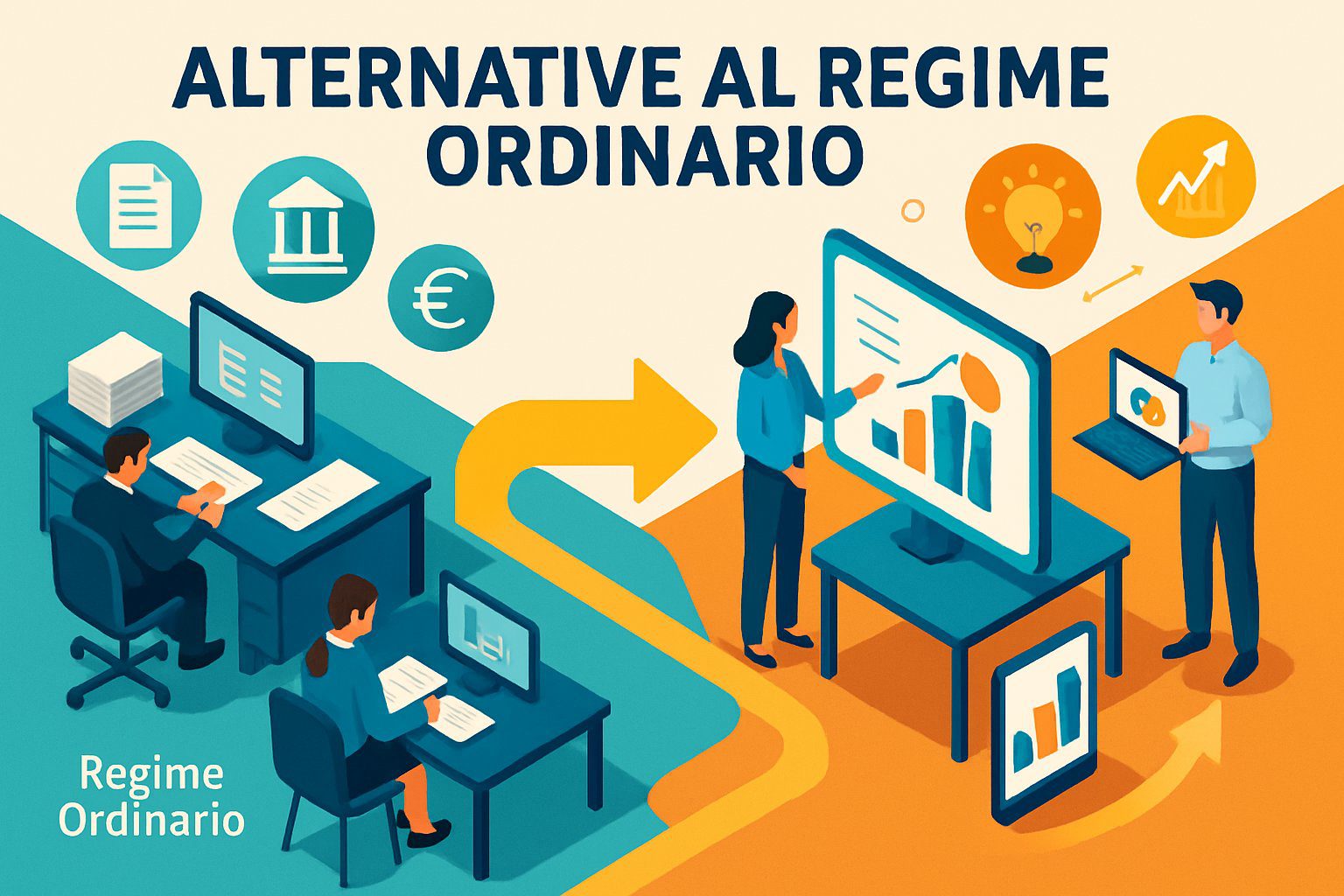 Ufficio con due percorsi distinti: uno tradizionale con scrivanie e documenti, l'altro moderno con dispositivi digitali e collaborazione.