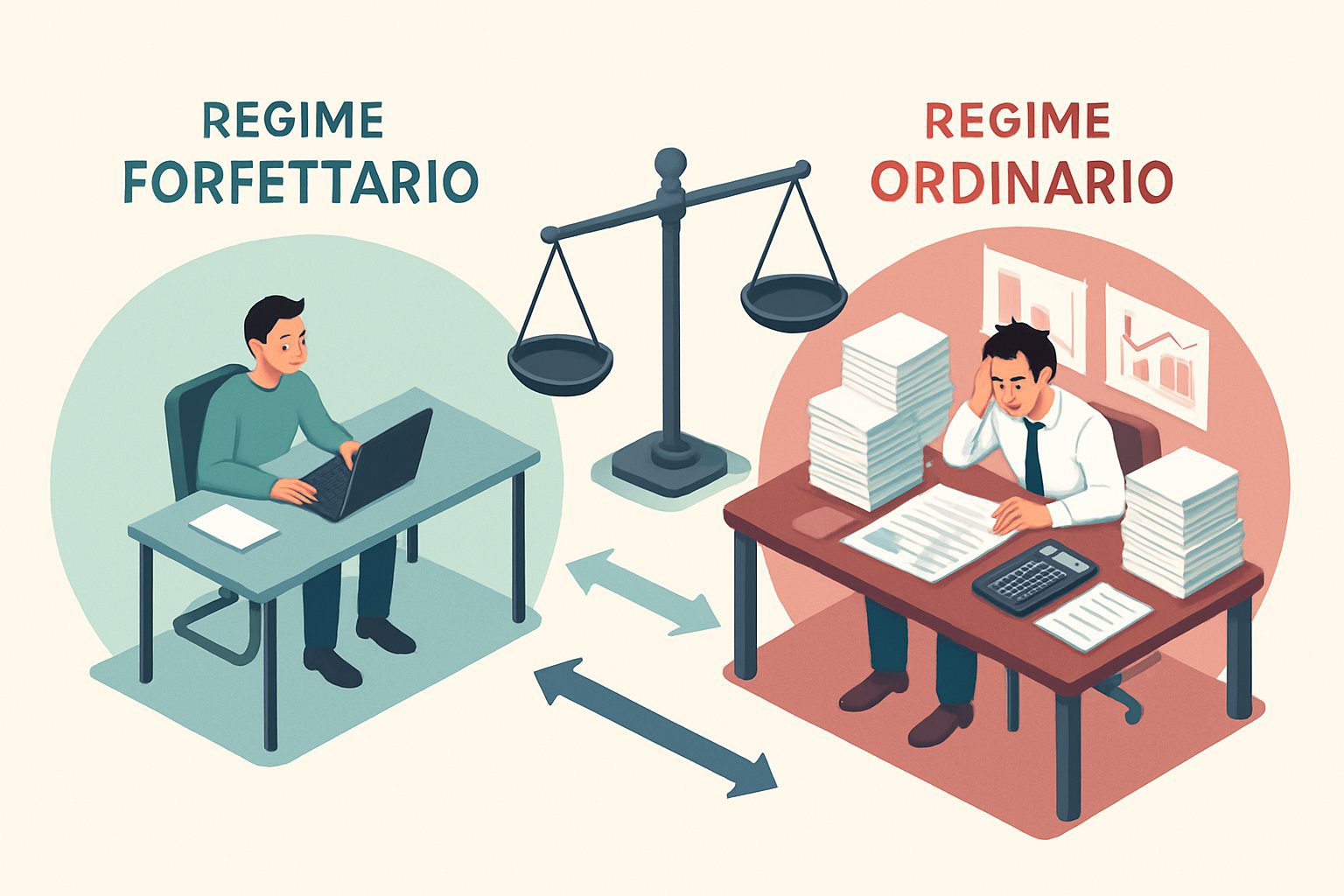 Illustrazione che mostra due ambienti d'ufficio affiancati: uno con un imprenditore che lavora serenamente con pochi documenti, l'altro con un contabile stressato circondato da molte carte e calcolatrici, rappresentando due diversi regimi fiscali.