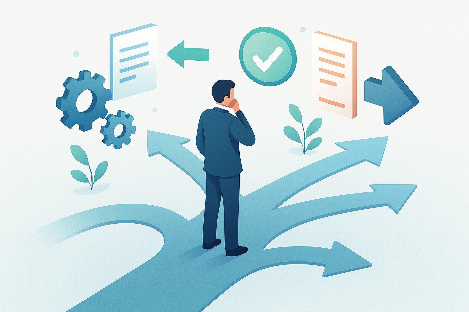 Una persona in piedi a un bivio con diversi sentieri che rappresentano alternative, circondata da simboli di scelte e opzioni.