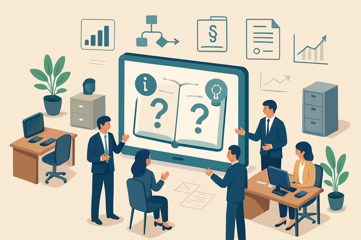 Una scena in un ufficio con persone che discutono e consultano documenti e diagrammi su un tavolo centrale, rappresentando un ambiente di domande frequenti su un regime alternativo.