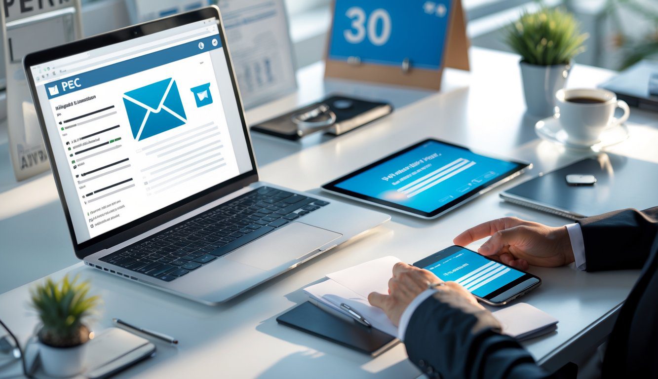 Scrivania moderna con laptop, smartphone e tablet che mostrano un'interfaccia di comunicazione digitale, con un calendario che indica il giorno 30 e oggetti da ufficio sullo sfondo.