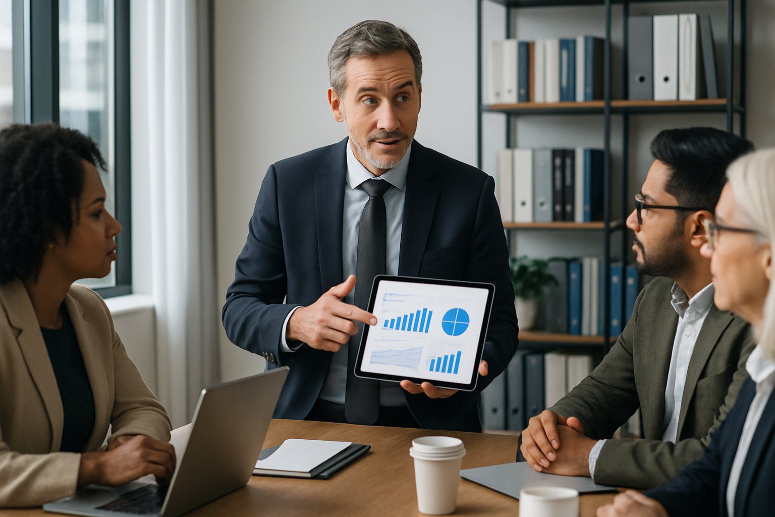 Un gruppo di professionisti in ufficio che discutono di principi finanziari, con un uomo che mostra grafici su un tablet mentre gli altri ascoltano attentamente.