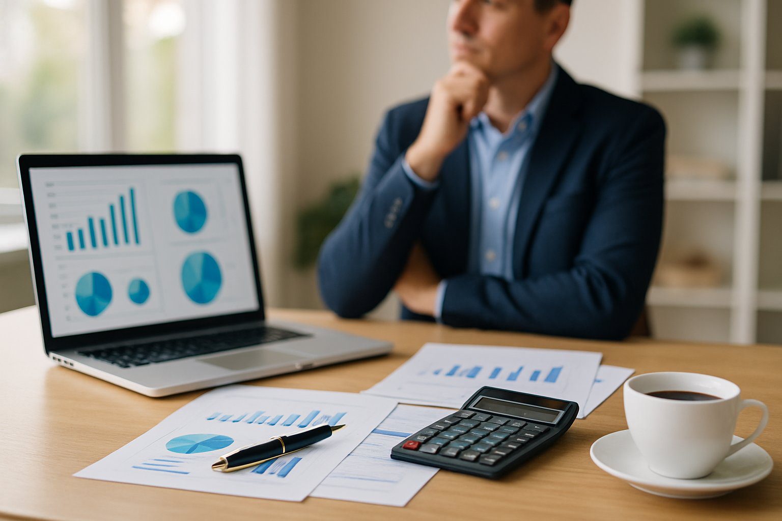 Una persona in ufficio che analizza documenti finanziari su una scrivania ordinata con laptop, calcolatrice e tazza di caff&egrave;.