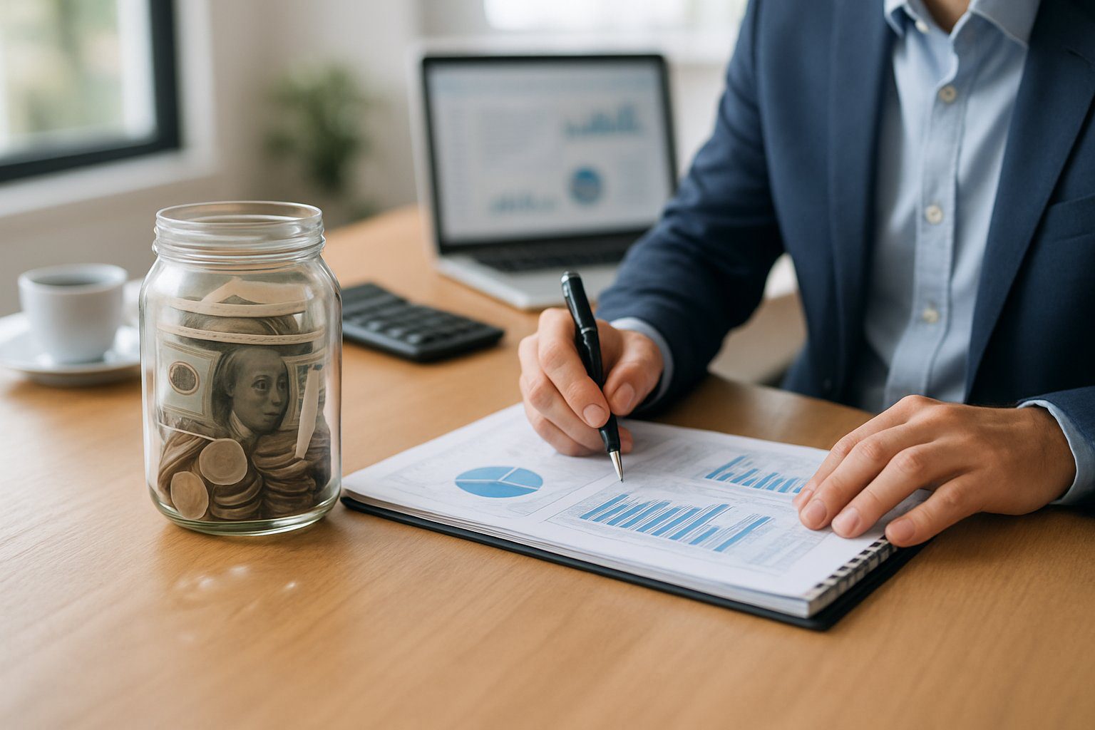 Ufficio moderno con una persona che analizza documenti finanziari e una giara di vetro con contanti sul tavolo, rappresentando concetti di contabilit&agrave;.