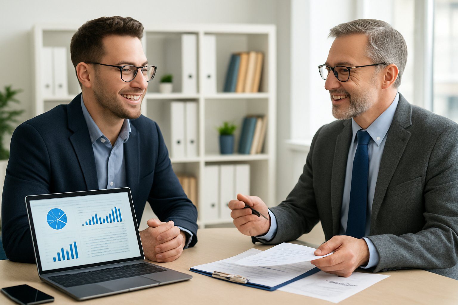 Una persona che consulta un commercialista in un ufficio moderno con laptop e documenti finanziari sul tavolo.