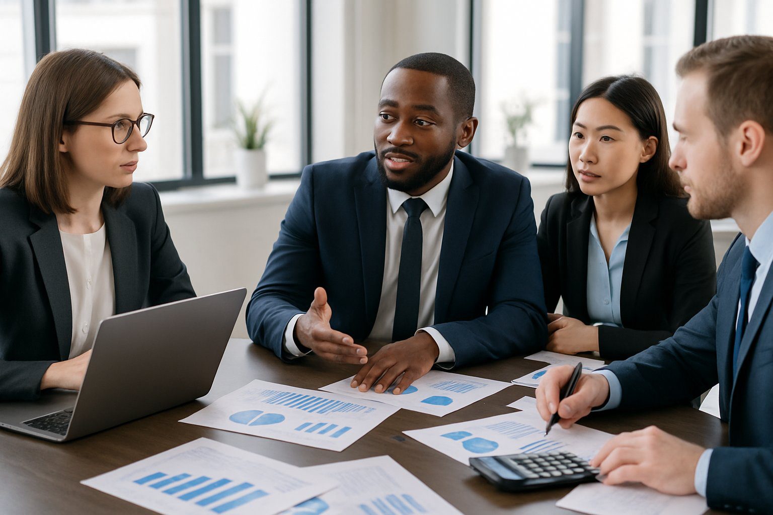 Persone in un ufficio moderno che discutono di contabilit&agrave; attorno a un tavolo con documenti e laptop.