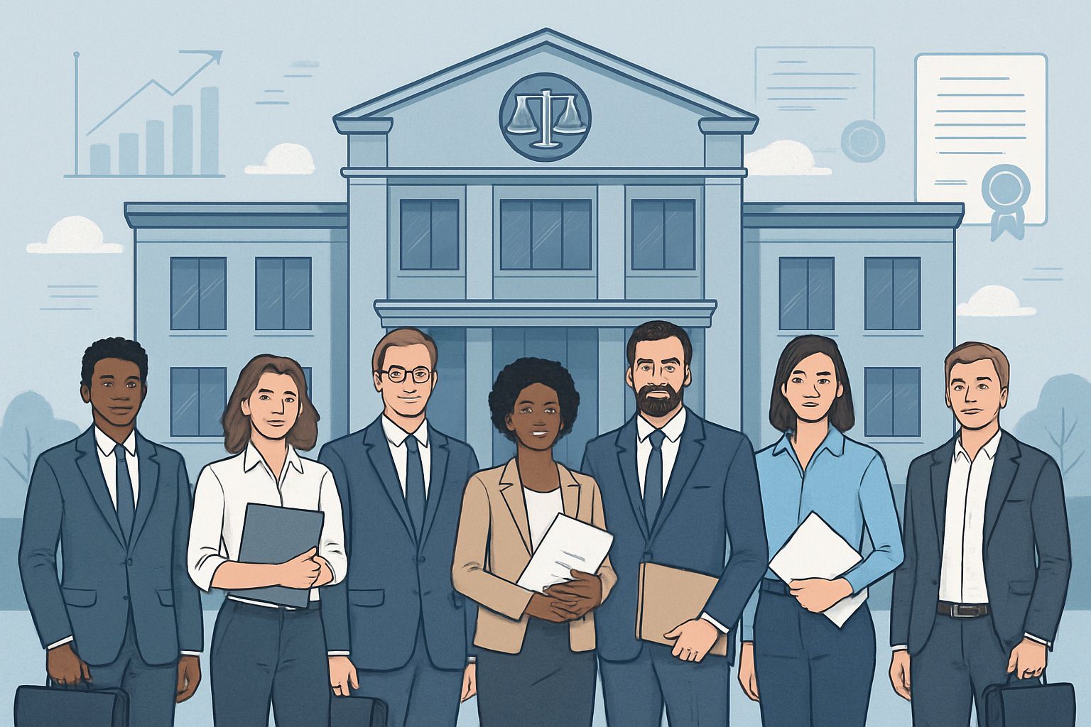 Un gruppo di persone d'affari in abiti formali davanti a un edificio moderno che rappresenta una Camera di Commercio, con documenti e valigette in mano.