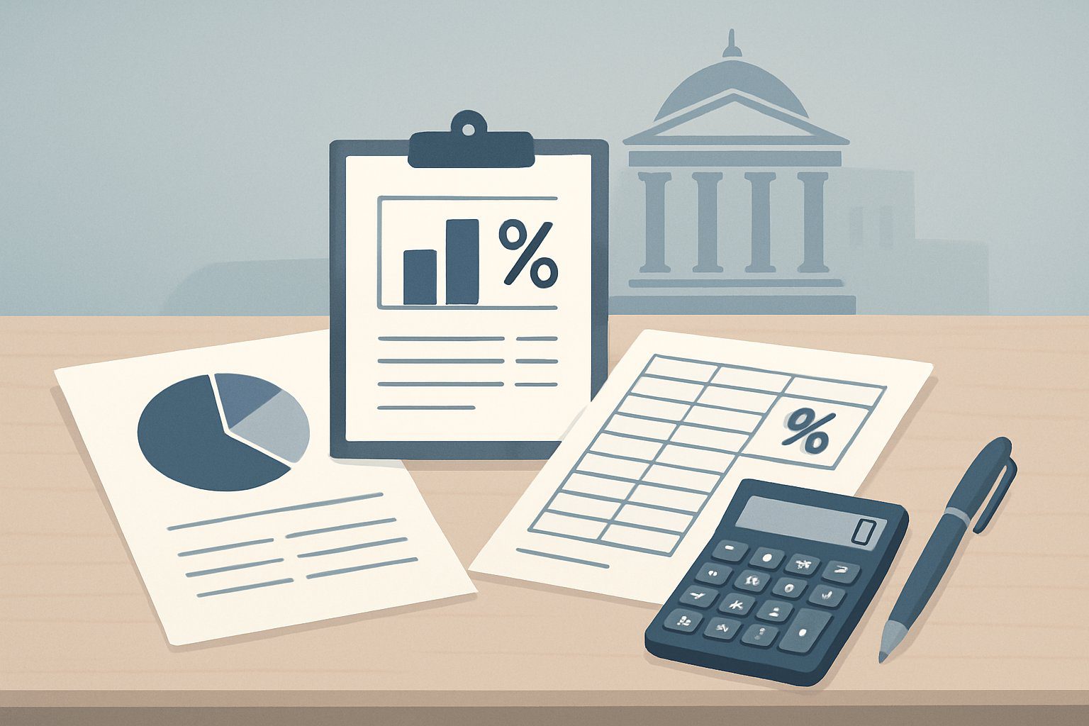 Un tavolo da ufficio con documenti finanziari, calcolatrice e penna, sullo sfondo un edificio governativo con colonne classiche.