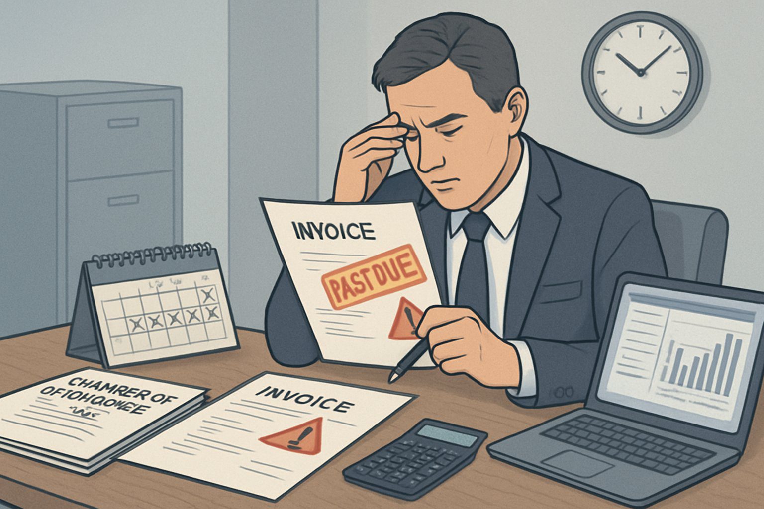 Una persona d'affari che esamina documenti e fatture su una scrivania con un calendario, un orologio e un computer, mostrando preoccupazione per pagamenti in ritardo e sanzioni.
