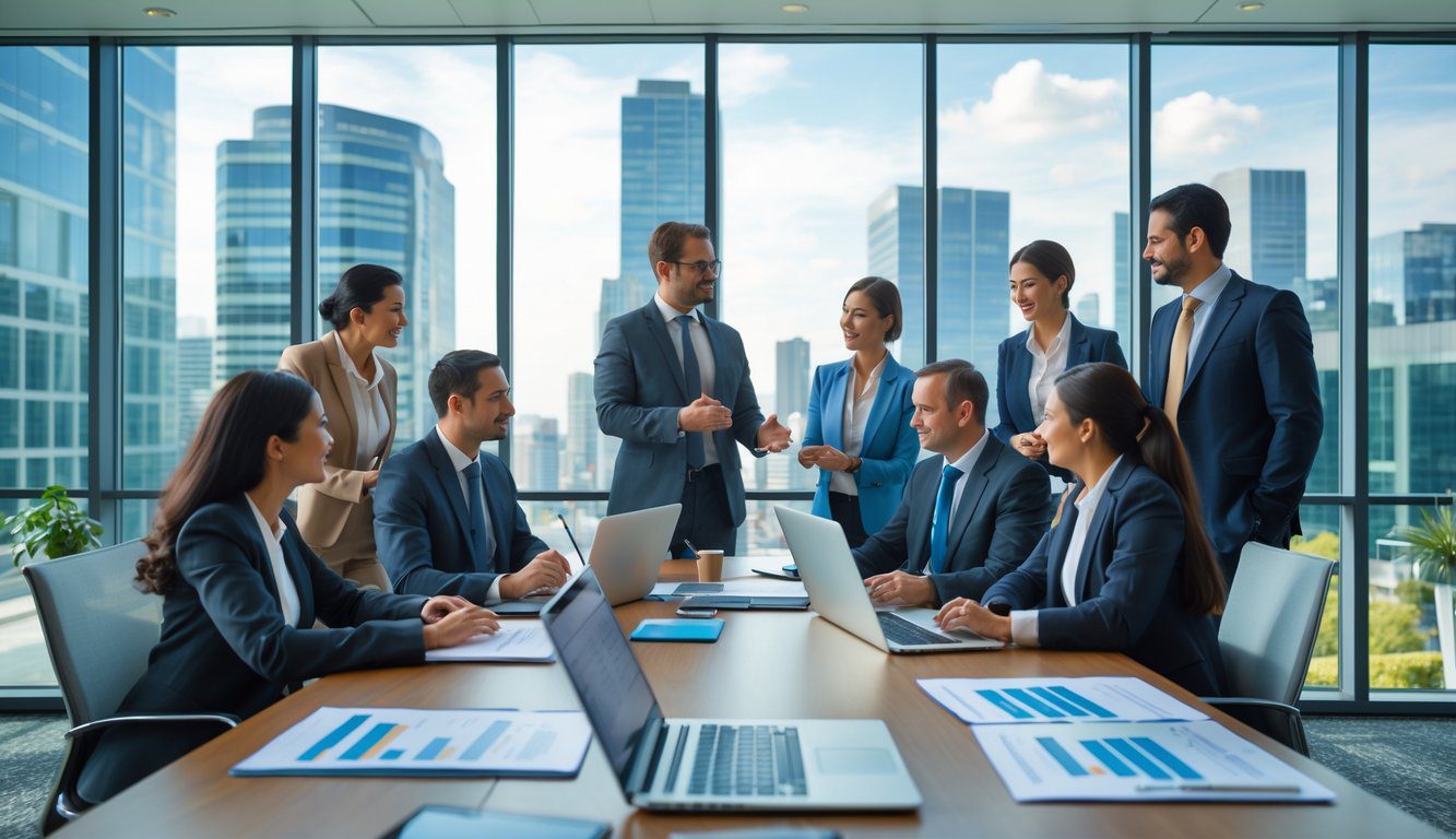 Holding: Cos'è, Come Funziona, Tipologie, Costituzione, Struttura, Gestione, Tassazione, Vantaggi e Svantaggi (2026) 2 Persone in un ufficio moderno che partecipano a una riunione di lavoro intorno a un tavolo con laptop e documenti, con una vista della città attraverso grandi finestre.