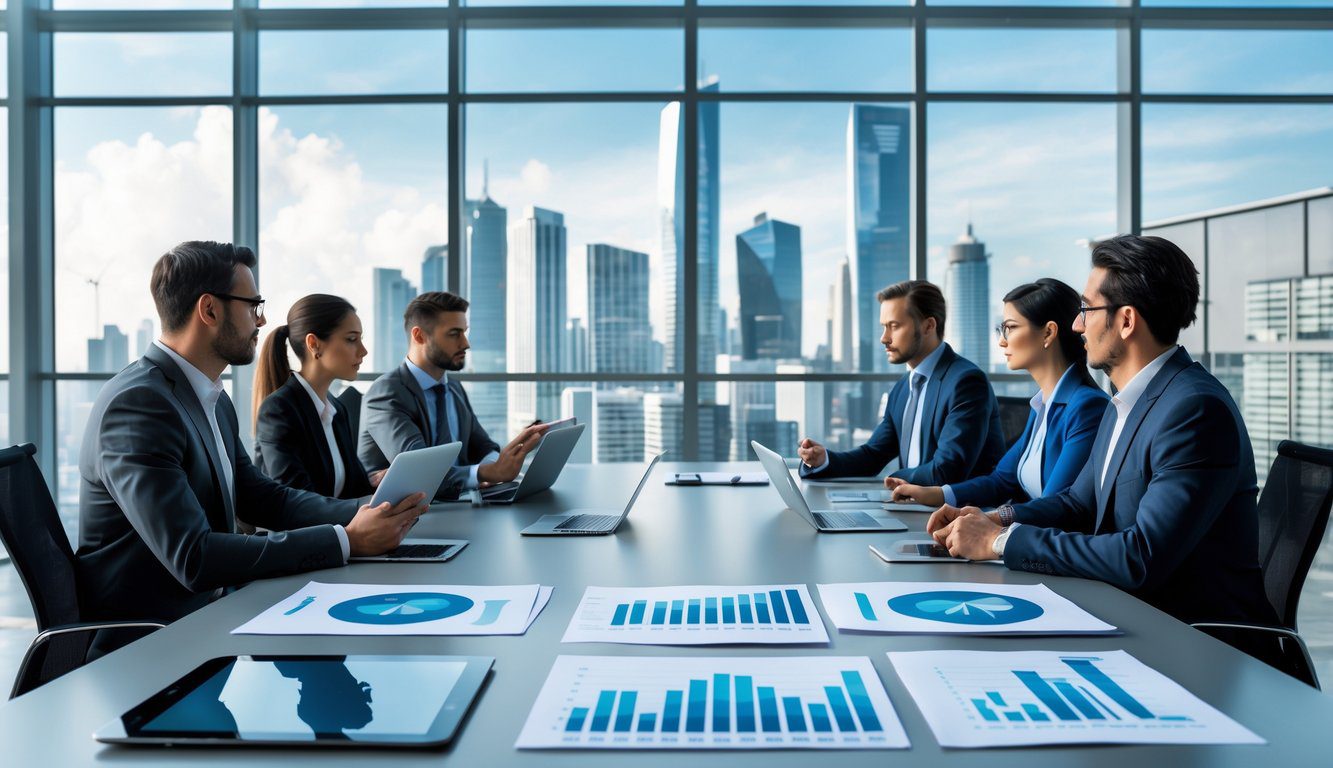 Holding: Cos'è, Come Funziona, Tipologie, Costituzione, Struttura, Gestione, Tassazione, Vantaggi e Svantaggi (2026) 3 Persone in abiti formali riunite attorno a un tavolo da conferenza con dispositivi digitali e grafici finanziari, con uno skyline urbano sullo sfondo.