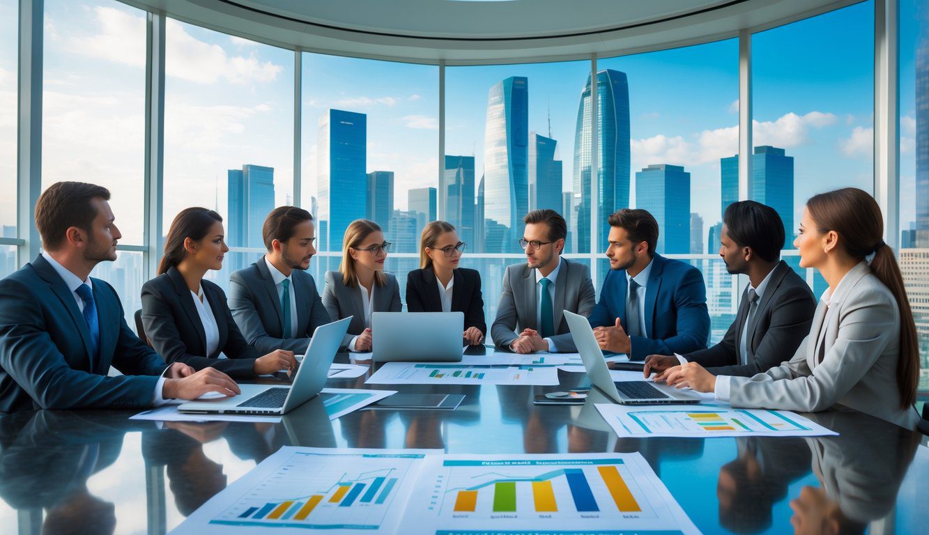 Tipologie Di Holding: Quali Sono, Quante Sono e Quale Scegliere? (2026) 1 Un gruppo di professionisti in una riunione di lavoro in un ufficio moderno con vista sulla città.