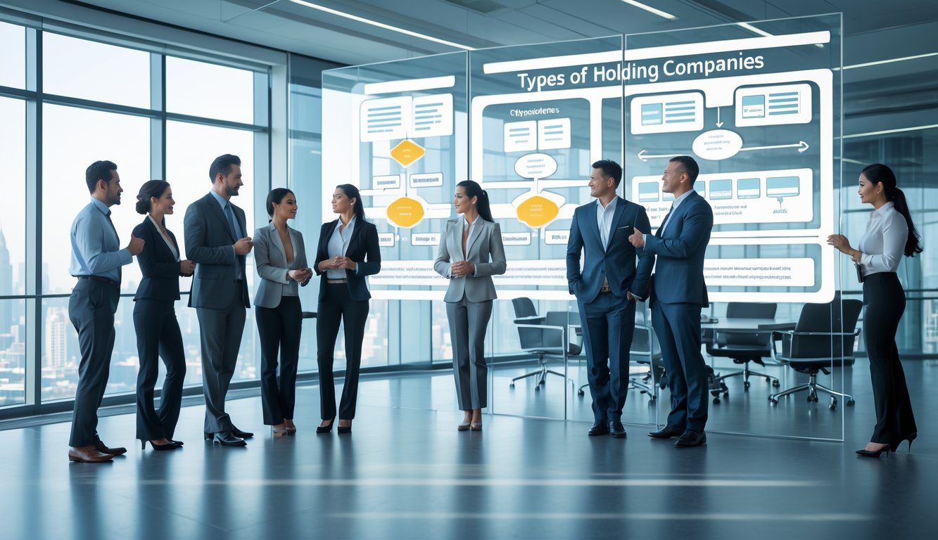 Tipologie Di Holding: Quali Sono, Quante Sono e Quale Scegliere? (2026) 2 Un gruppo di professionisti in un ufficio moderno che collaborano davanti a una lavagna con diagrammi astratti che rappresentano la struttura di holding aziendali.