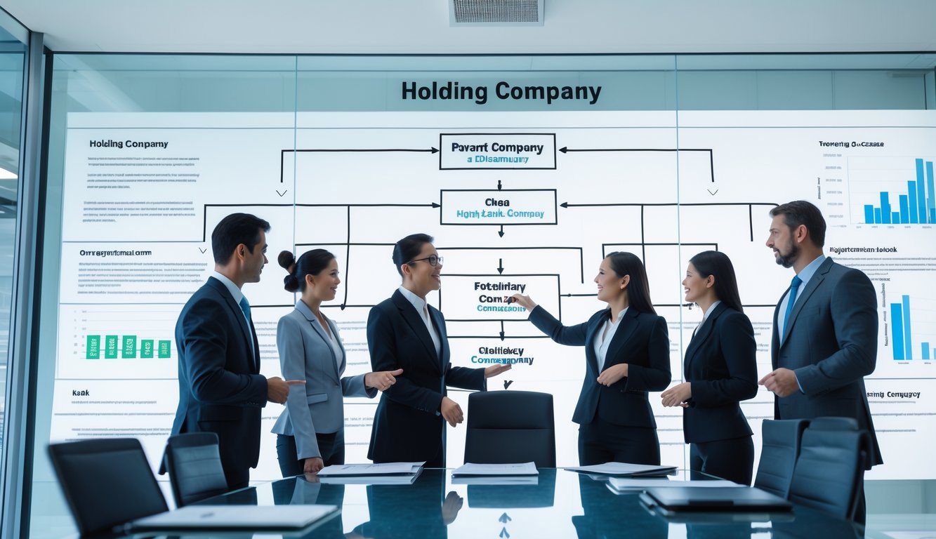 Holding: Cos'è, Come Funziona, Tipologie, Costituzione, Struttura, Gestione, Tassazione, Vantaggi e Svantaggi (2026) 5 Ufficio aziendale con professionisti che discutono davanti a un grafico organizzativo di una holding aziendale.