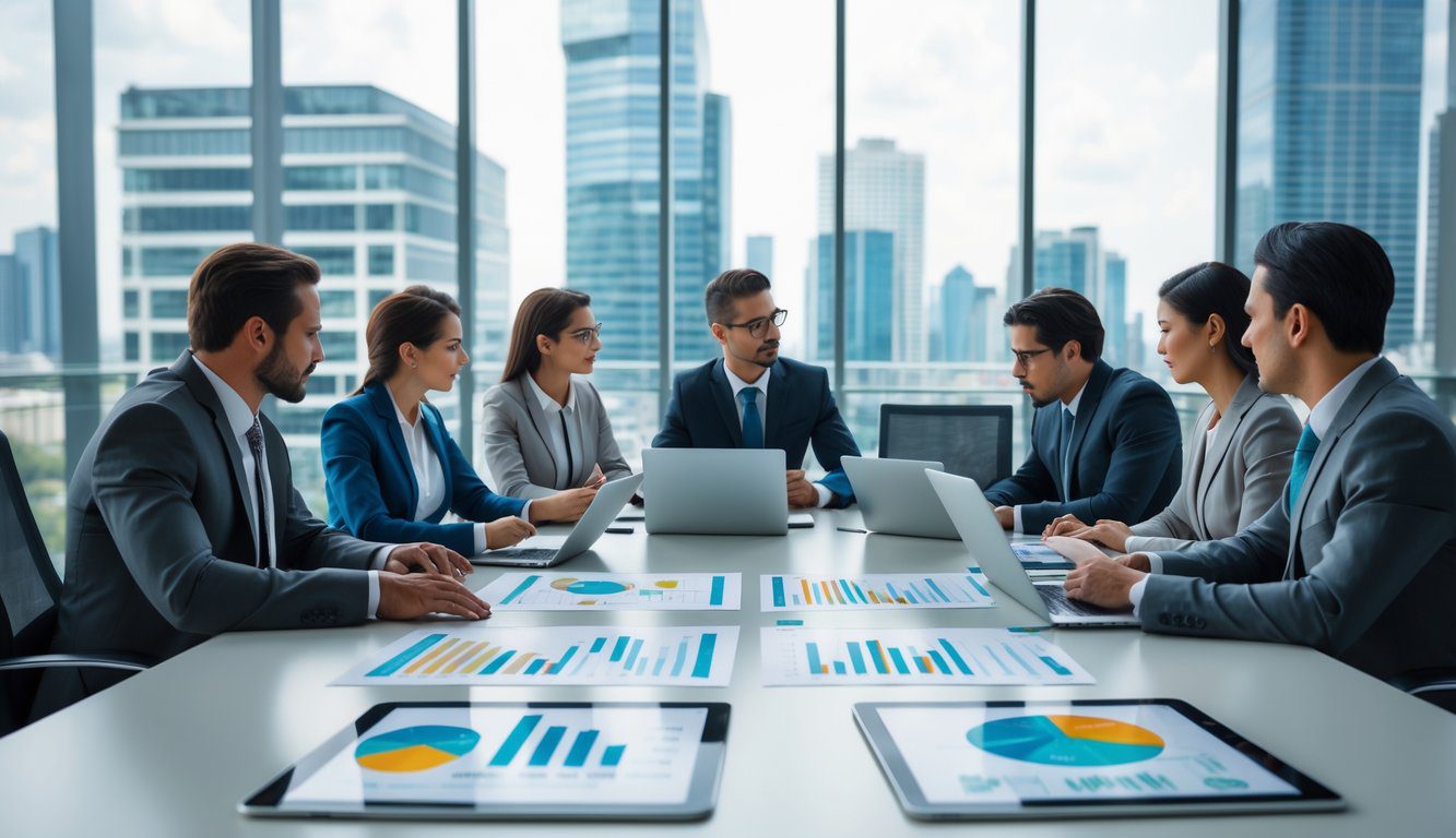 Tipologie Di Holding: Quali Sono, Quante Sono e Quale Scegliere? (2026) 3 Un gruppo di professionisti in abiti formali riuniti intorno a un tavolo da conferenza in un ufficio moderno con vista sulla città, intenti a discutere e analizzare documenti e dispositivi elettronici.